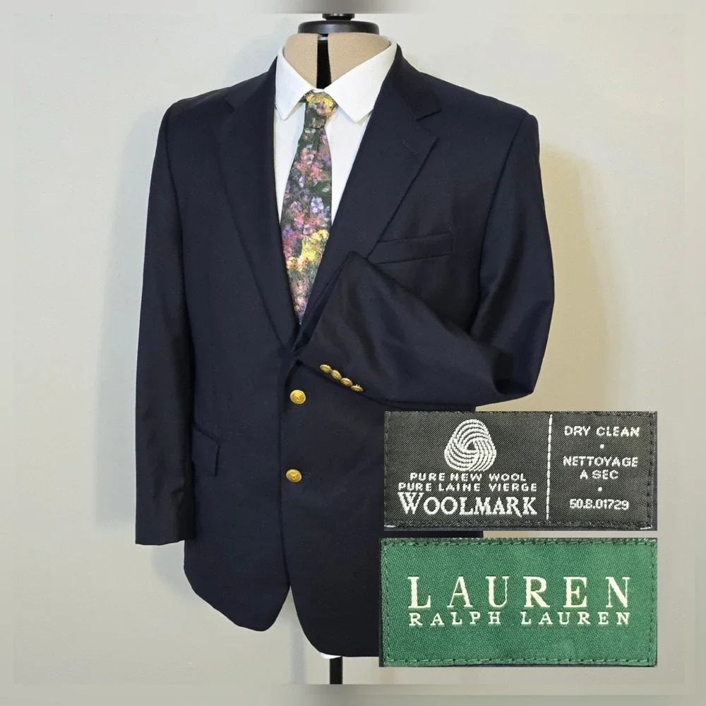 Lauren Ralph Lauren Blazer Men‎ 42R Navy Blue Gold Buttons 100% Wool Woolmark